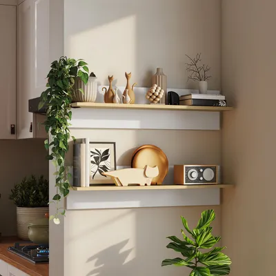 Produktbild von 2er Set Wandregale 80 cm - Schweberegale Hängeregal aus Holz - Weiß & Natur - Modernes Bücherregal für Wohnzimmer, Küche & Flur