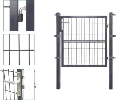 A dark gray garden gate with a wire mesh infill, mounted between two posts. The gate has a silver handle and lock mechanism. The image is composed of a main view of the gate and three smaller inset images showing details of the hinge, the mesh pattern, and