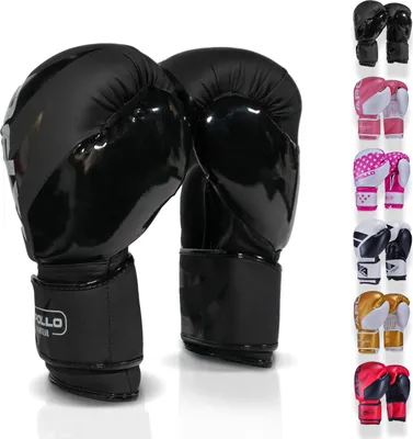Produktbild von Apollo Boxhandschuhe Männer aus Kunstleder | Thai Boxhandschuhe Damen und Herren | für Boxsack, Training, Sparring, Fitness, MMA Handschuhe | Kickbox Handschuhe | boxing gloves 12/14/16oz. - Champion Punch -  UV Schwarz/Weiss 12 oz