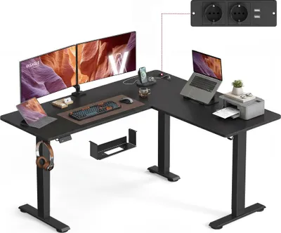 Produktbild von VASAGLE Höhenverstellbarer Schreibtisch, 160 cm, L-förm, Eckschreibtisch, 2 AC-Steckdosen, 2 USB-A-Anschlüsse, Ablage für Steckdosenleiste