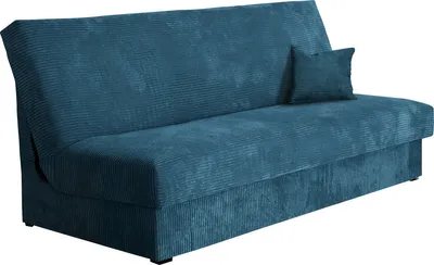 A teal corduroy sofa bed with a single throw pillow.