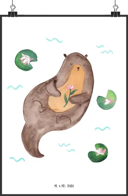 Produktbild von Mr. & Mrs. Panda Bild Otter Seerose DIN A0 - Weiß - Geschenk, Wandbild, Posterdruck, Fluss, Wanddekoration, Wasser, glücklich, Seeotter, wanddeko, drucke