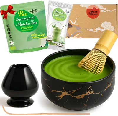 Obrázek produktu pro Matcha cajový obradní set "Black Marmor" s miskou, metlickou, držákem a matcha práškem + kokosovým latté – sada pro milovníky matcha