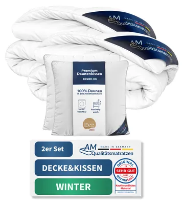 Produktbild von Premium 2er Daunenset | Kissen 80x80 cm & Winterdecke 135x200 cm | 100% Daunen | Kuschelig warm | Bettdecke & Daunenkissen | Downpass verifizier