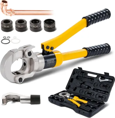 Produktbild von TEENO Profi Presszange TH-Kontur(100Kn), Presswerkzeug Set mit Rohrschneider, Rohr-Crimpzange 360° drehbarem Kopf, für Verbundrohr mit Fittings der TH-Kontur, Fittings: TH16, TH20, TH26, TH32