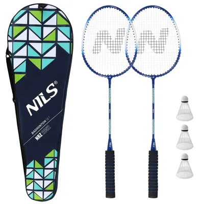Imagen del producto de Juego de bádminton: 2 raquetas de aluminio, 3 pelotas, funda