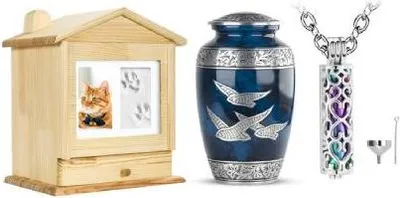 Immagine prodotto di Set di urne cinerarie XXL per persone e animali domestici | Ciondoli per urne e sacchetti per la conservazione delle ceneri | Urna in acciaio inossidabile blu e argento per cani con riempitore per ceneri e asta di riempimento