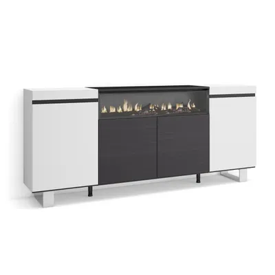Immagine prodotto di COZY Credenza, Mobile, Cucina, 200x35x87cm, 4 Porte, Camino elettrico, Bianco e Nero