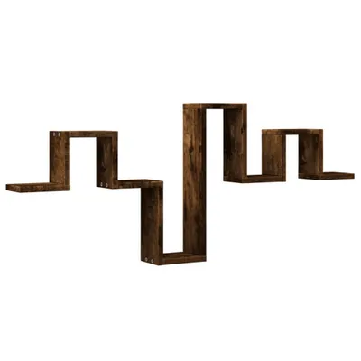 A dark brown, zig-zag shaped wall shelf against a white background.