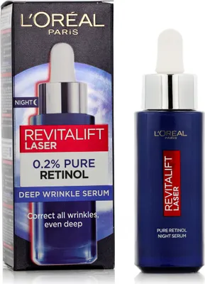 A product shot of L'Oréal Paris Revitalift Laser 0.2% Pure Retinol Deep Wrinkle Serum and its packaging.