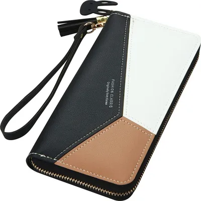 Produktbild von ASKSA Damen PolyurethanColorblock Leder Geldbörse Quasten Design Mehreren Kartensteckplätzen Portemonnaie, Schwarz