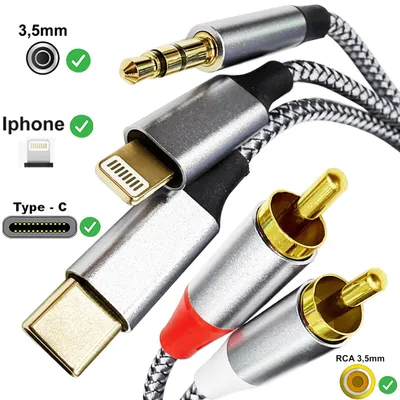 Produktbild von Adapterkabel 3 in 1 auf Cinch 2x RCA Audio Stereo kompatibel mit iphone 16 / 17 Handy, iPhone 17 Pro Max