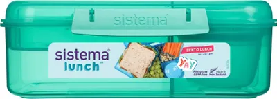 Zdjęcie produktu dla Trzykomorowe pudełko Sistema® Lunch™ z pojemnikiem na jogurt i 2 tackami 1,65 l, miętowe