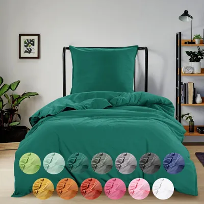 A bed with teal bedding, with a collage of different colored bedding swatches at the bottom.
