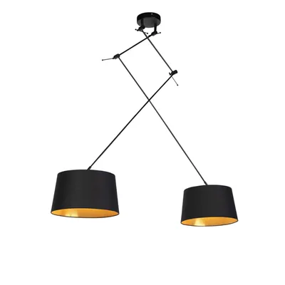 Zdjęcie produktu dla QAZQA – nowoczesna lampa wisząca I lampa wisząca I lampa wisząca z bawełnianymi kloszami w kolorze czarnym ze złotem I mosiądz 35 cm – Blitz II czarny I 2-punktowa I salon I sypialnia – bawełna cylindryczna I podłużna