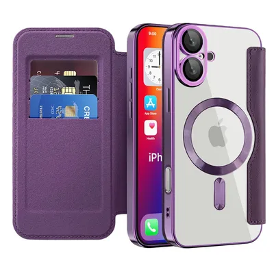Produktbild von Klapphülle für iPhone 16 Plus Kompatibel mit Magsafe, Klar Überzug Kartenhalter Ledertasche mit Kameraschutz Lila
