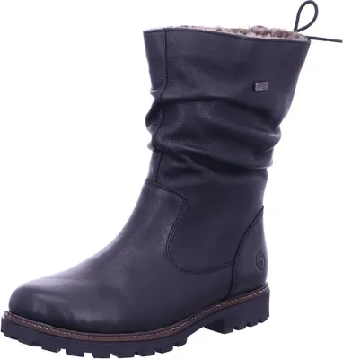 A black leather boot with a ruched shaft and a thick sole, presented against a white background.