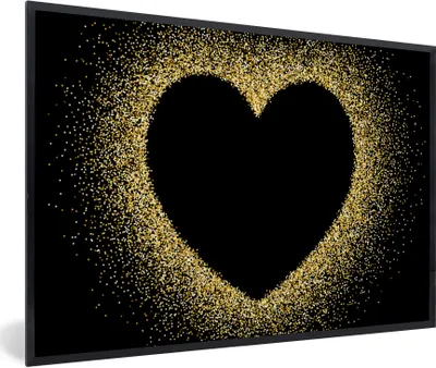 Produktbild von MuchoWow® Gerahmtes Poster Goldenes Herz auf schwarzem Hintergrund 30x20 cm - Poster mit Schwarzem Bilderrahmen Wandposter Rahmen Foto Bilder - Kunstdruck - Bild-Poster