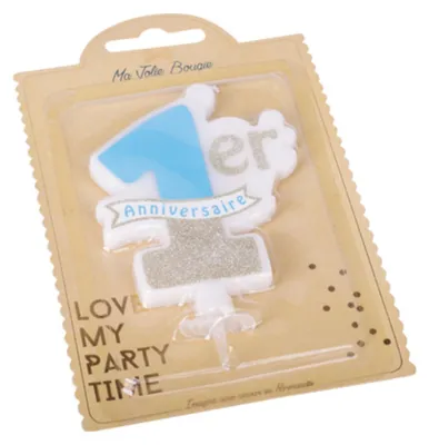 Produktbild von Blau-goldene Kerze zum 1. Geburtstag – 10 x 8 cm mit Glitzer - Einheitsgröße