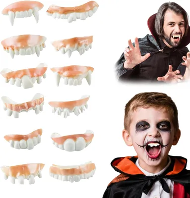 Obrázek produktu pro Umělé zuby na párty - Sada 12 kusů - Nevzhledné, umělé zuby na Halloween, kreativní, s motivem démonů