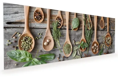 Produktbild von Küchenrückwand Spritzschutz Glas mit Motiv Holzlöffel und Kräuter 40 x 40 cm