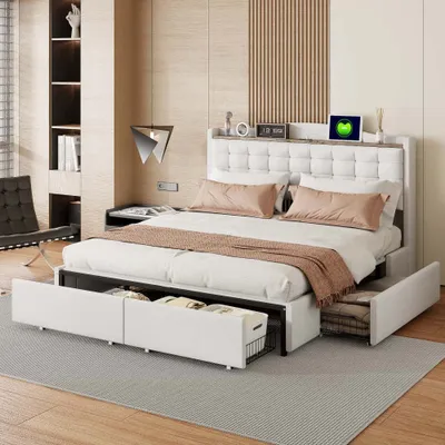 Immagine prodotto di Letto imbottito AIORBER, 160x200 cm, tessuto di lino, con ripiani, ampio spazio di archiviazione, struttura in metallo, con porta di ricarica USB, 4 cassetti, letto matrimoniale, beige
