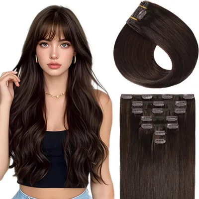 Immagine prodotto di Estensioni per capelli a clip, capelli naturali, color marrone scuro, 80 grammi, 45 cm, 7 pezzi, 16 clip