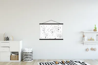 Produktbild von MuchoWow® Textilposter Weltkarte - Kinder - Weiß - Schwarz 90x60 cm mit schwarzem Rahmen - Aufhängungssatz