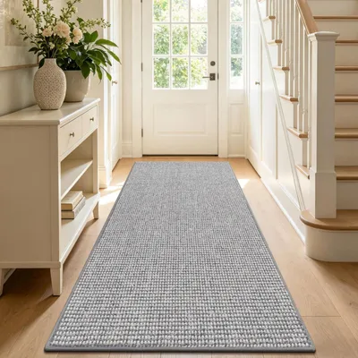 Productafbeelding van Antislip vloerkleed, 60 x 180 cm, grijs en wit, wasbaar, geschikt voor keuken, hal en entree