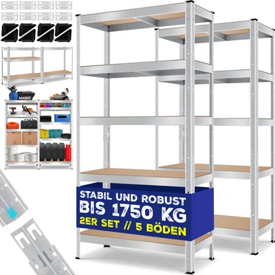Produktbild von MASKO® 2er-Set Lagerregal Schwerlastregal, Kellerregal , bis 875 kg belastbar, 5 verstellbare Ablagen, MDF-Platten Regal aus Metall, Steckregal, Werkstattregal, Keller, Garage