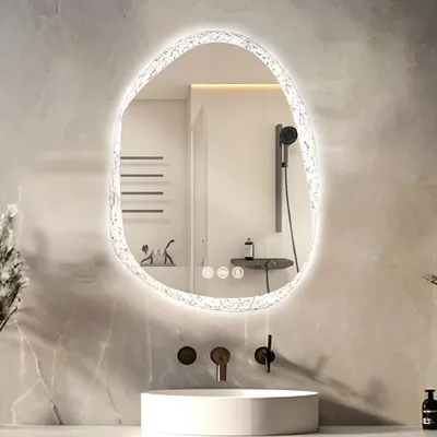 Zdjęcie produktu dla Lustro do łazienki LED WISFOR, asymetryczne, 60x80 cm, z funkcją antyfogging, regulacją jasności, panelem dotykowym, klasa szczelności IP66