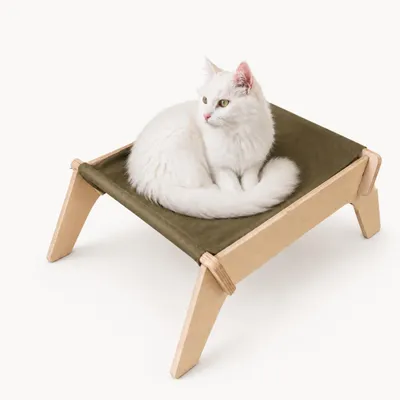 Image de Lit pour chat surélevé en bois avec hamac en coton lavable - Couchage pour chat, taille M 59,5 x 34,5 x 19 cm - Khaki