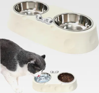 Produktbild von Katzennapf mit Käsemuster und Schleife, Doppelter Futternapf aus Edelstahl, Erhöhter Futter- und Wassernapf für Katzen und kleine Hunde, rutschfest – Weiß