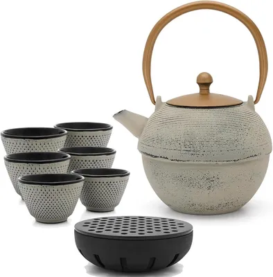 Produktbild von Teekannen-Set aus Gusseisen für Induktion, 1.2 Liter, graue asiatische Gusskanne mit Edelstahl-Teefilter, 6 Teetassen und Stövchen