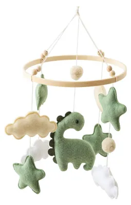 Immagine prodotto di Mobile per culla a forma di dinosauro con nuvole, in legno, ideale per la decorazione della cameretta dei bambini e come regalo