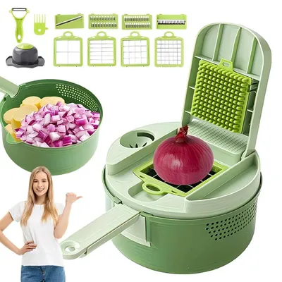Image de Coupe-légumes - Hachoir à légumes 16 en 1 - Avec fonction égouttoir - Pour oignons, pommes de terre, carottes et concombres