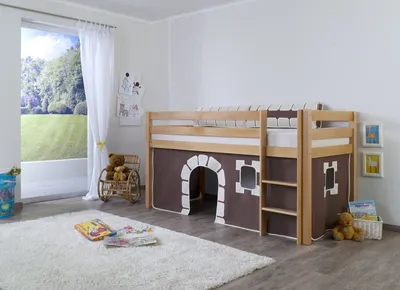 Produktbild von Halbhohes Einzelbett Alex Buche massiv 90x200 cm Natur lackiert mit Stoff-Set