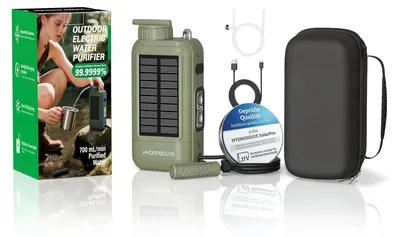 Produktbild von HYDROSOLVE SolarPro Outdoor Wasserfilter – elektrisch, Solar, USB & Akku-Powerbank