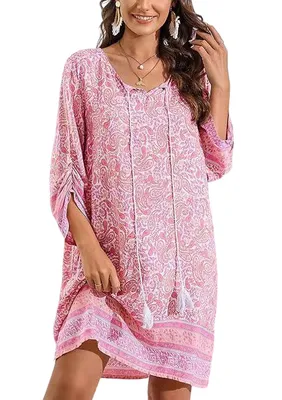 Produktbild von ASKSA Damen Bohemian Tunika Kleid Strandkleid Sommerkleider Vintage Strandkleider 3/4-Arm Rundhals Kleid Blumenmuster Tunikakleider (Rosa,XXL)