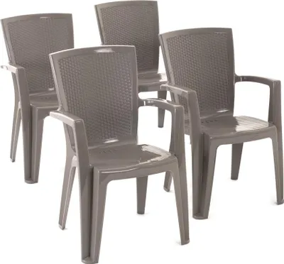 Produktbild von 4er-Set Stühle aus Polypropylen monoblock, stapelbar mit Armlehnen, wasserbeständig, Rattan-Effekt für Garten, Terrasse, Restaurant, Bar, leicht zu reinigen - Diana - Taubengrau