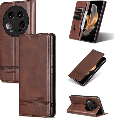 Image de Etui en cuir pour Xiaomi 14 Ultra, étui portefeuille pliable avec fermeture magnétique et support Café