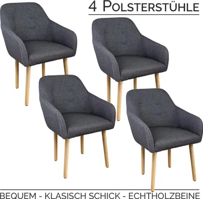 Four upholstered dining chairs with wooden legs arranged in a grid.