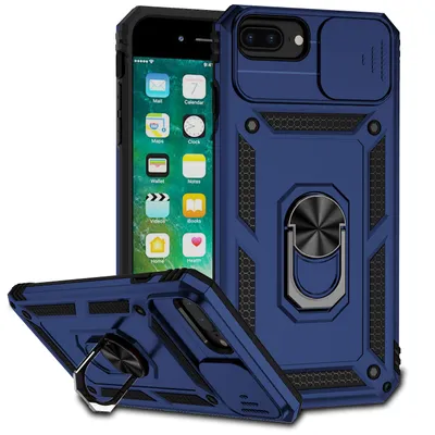 Immagine prodotto di Custodia per iPhone 8 Plus/7 Plus/6 Plus/6s Plus a doppio strato con cover fotocamera scorrevole e supporto ad anello blu