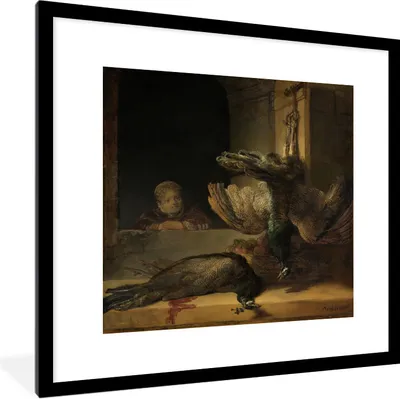 Produktbild von MuchoWow® Gerahmtes Poster Stillleben mit Pfauen - Rembrandt van Rijn 40x40 cm - Poster mit Schwarzem Bilderrahmen Wandposter Rahmen Foto Bilder - Poster - Plakat im Rahmen