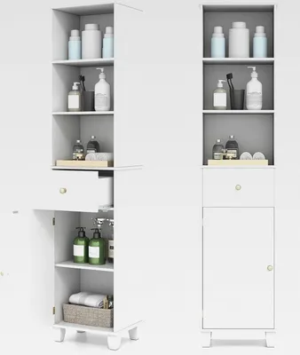 Produktbild von Badezimmerschrank, Hochschrank mit 3 offenen Regalen, 1 Schublade & 1 Tür, Badschrank schmal, Aufbewahrungsschrank freistehend für Küche, Wohnzimmer & Schlafzimmer, 40 x 30 x 172 cm (Weiß)