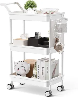 Image de Chariot de rangement en plastique à 3 étages, chariot de cuisine avec poignées, chariot multifonctionnel équipé de roulettes de sécurité, blanc