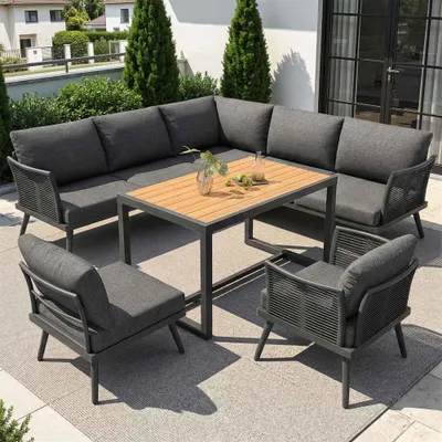 Produktbild von L-förmiges Gartensofa-Set für 7 Personen, mit Holz-Couchtisch & Sessel, Eisen, Polster, Kissen, 150 kg, Grau