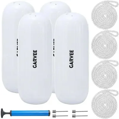 Produktbild von Bootsfender - 4er-Pack - 25 x 71 cm - Geripptes Mittelloch - Seile und Pumpe - Aufblasbar - Weiß