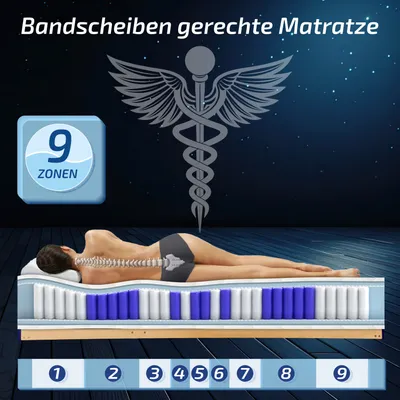 Produktbild von Matratze 100x200cm H4 Hamburg 9 Zonen 23cm hoch Taschenfederkern - Klimaband, atmungsaktiver Doppeltuchbezug und punktelastischer Kern