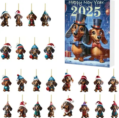 Produktbild von 2025 Weihnachts-Dackel-Adventskalender, 24 Tage Countdown bis zur Weihnachtsdekoration, Sammlerstück, 2D-Acryl-Hundeanhänger-Set zum Aufhängen für die Inneneinrichtung